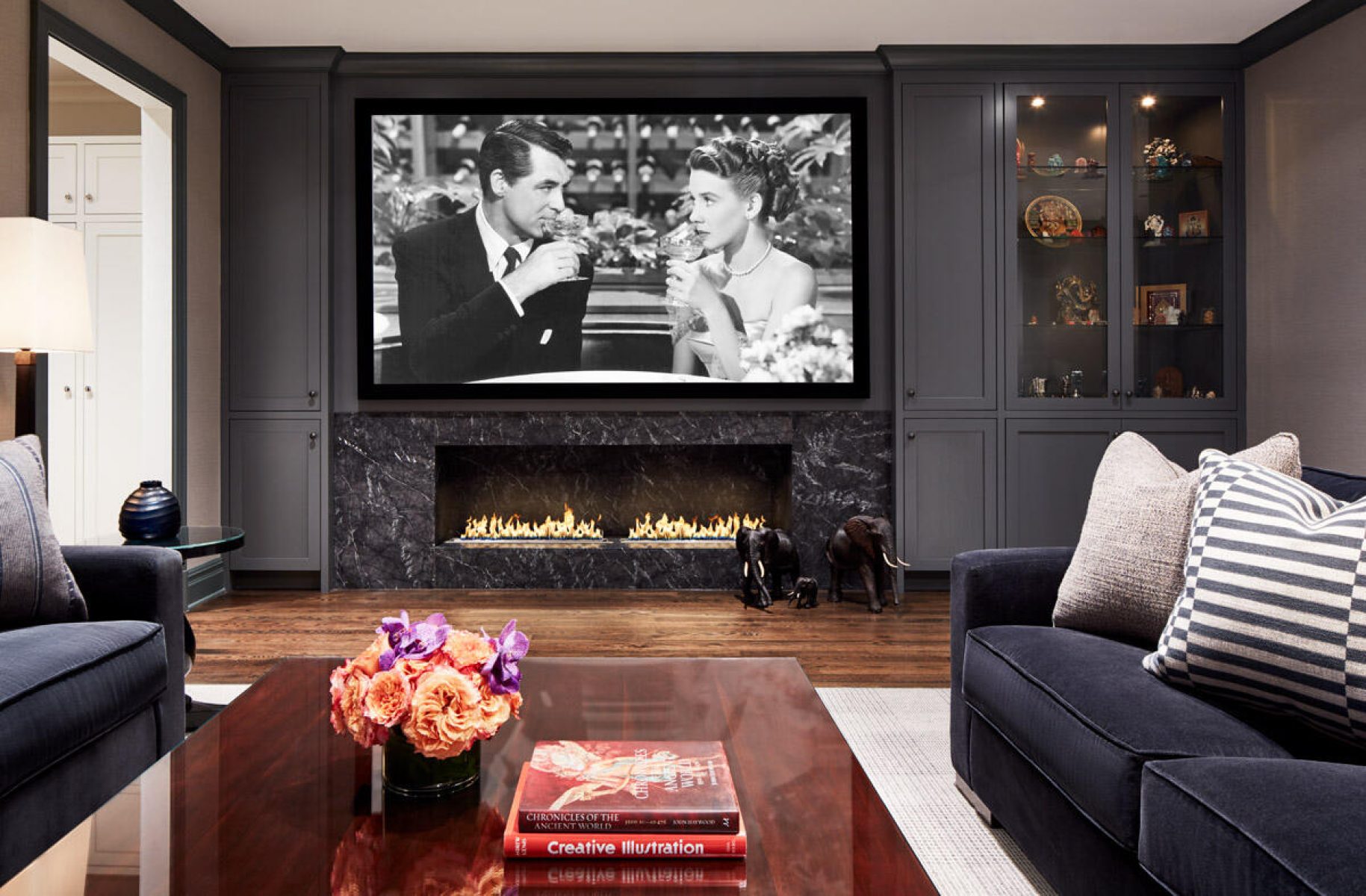 Sophisticated Screening Room Design with Fireplace